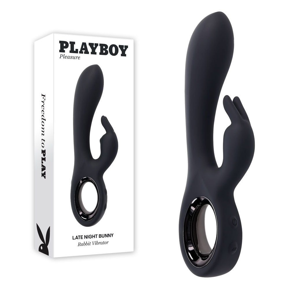 Playboy Pleasure LATE NIGHT BUNNY - Black USB Rechargeable Rabbit Vibrator (20 cm, Body-Safe Silicone)