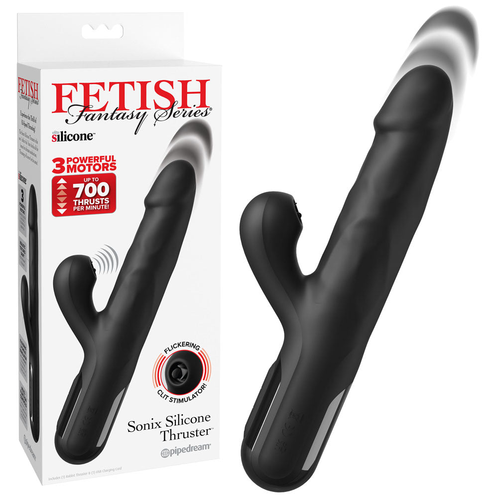 FFS Sonix Silicone Thruster - Black 22 cm USB Rechargeable Thrusting Vibrator with Flicking Clitoral Stimulator