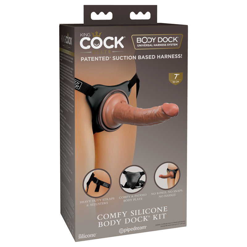 King Cock Elite Comfy Silicone Body Dock Kit – Tan 17.8 cm Dong with Adjustable Strap-On Harness for Pleasure and Comfort