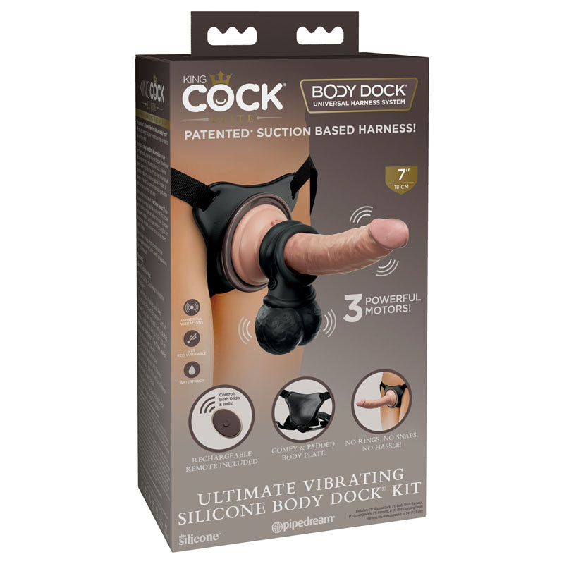King Cock Elite Vibrating Body Dock Kit – Body Dock Strap-On Harness with 17.8 cm Silicone Dong & Pulsating Balls (USB Rechargeable)