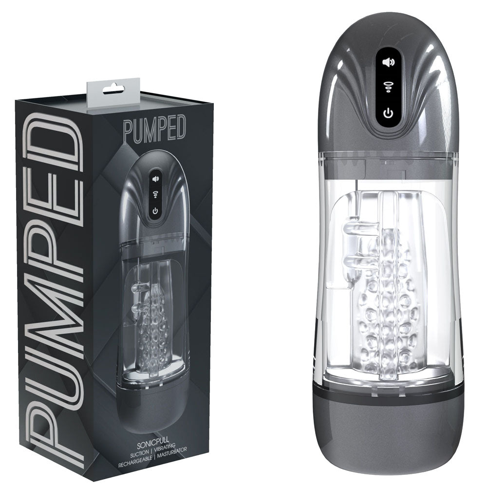 PUMPED SonicPull - Gunmetal Grey Clear USB Rechargeable Auto Masturbator with Sucking and Vibration Features