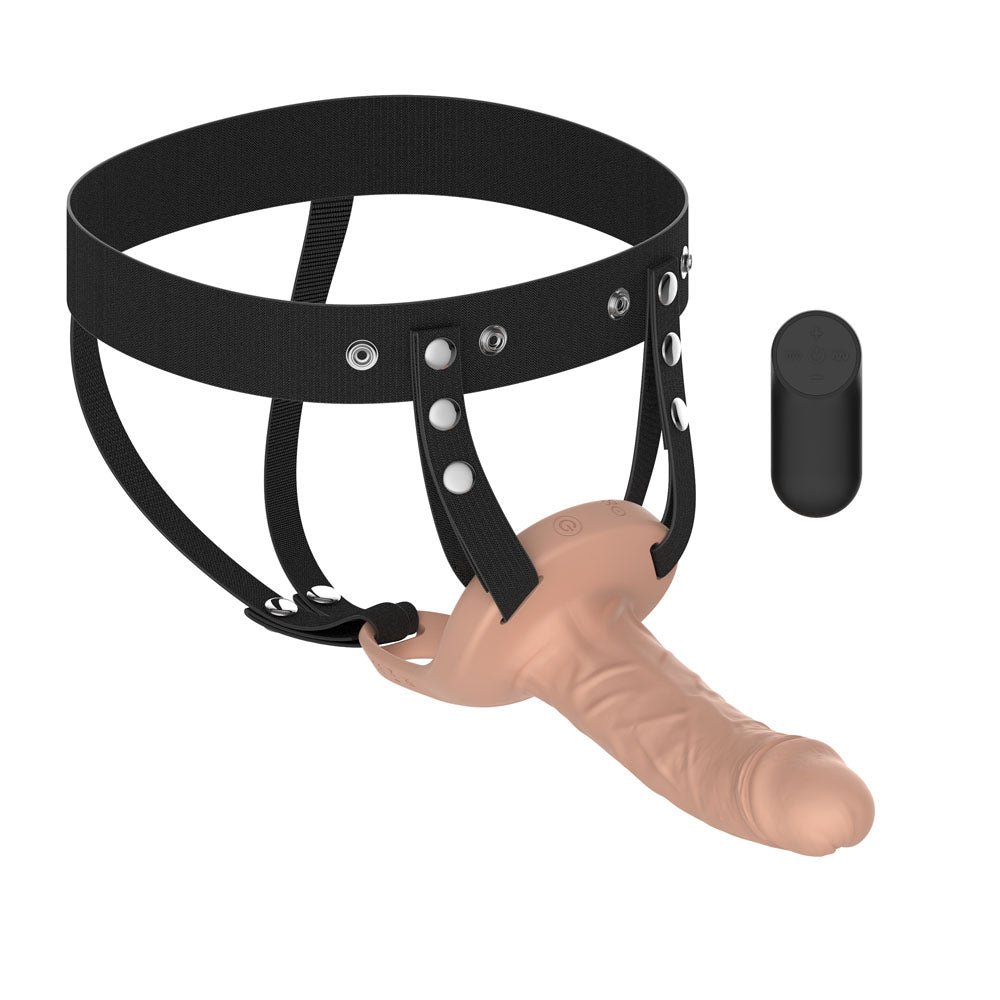 Passion Play Strap-On – Vibrating, USB Rechargeable – Flesh – 15.5 cm