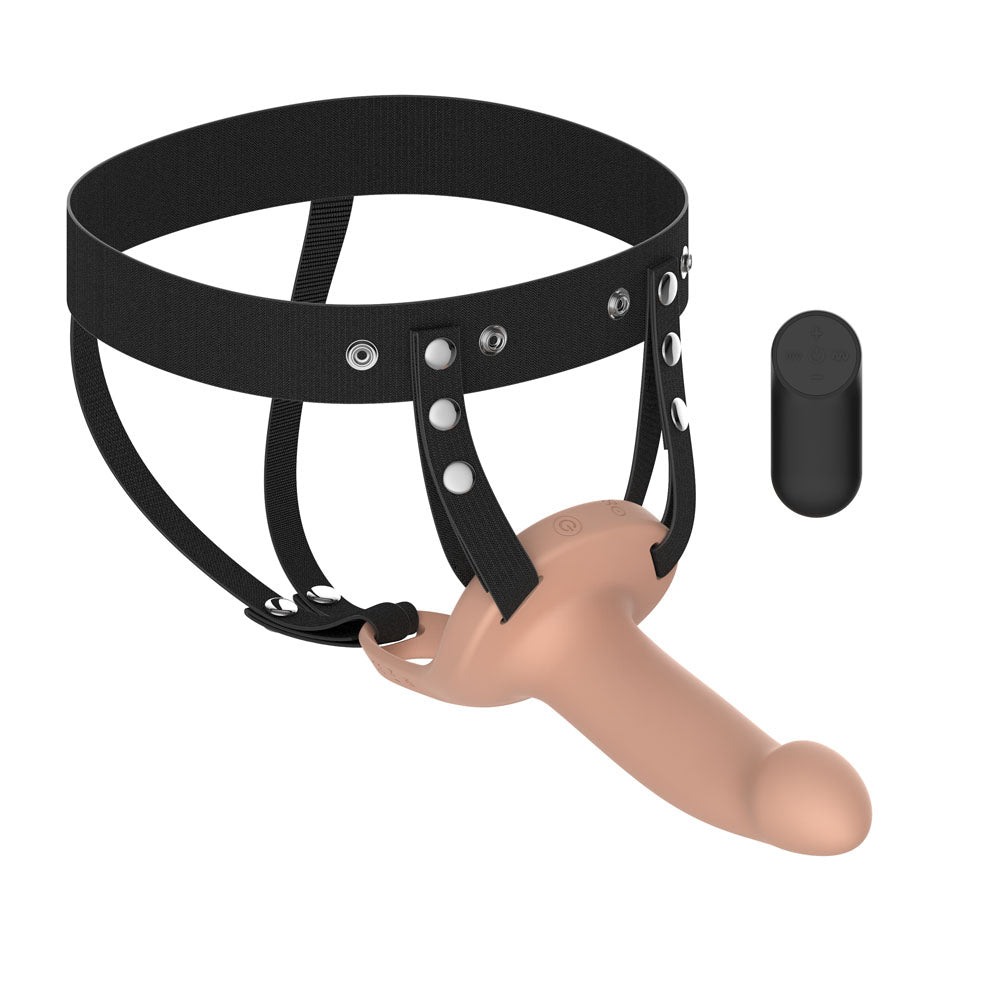 Passion Play Strap-On – Vibrating, USB Rechargeable – Flesh – 15.5 cm