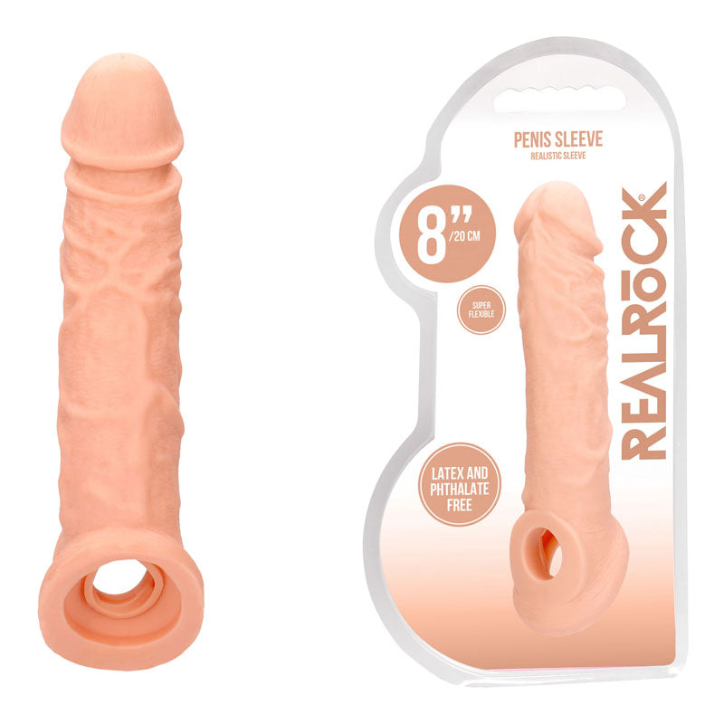 REALROCK 8-Inch Realistic Penis Extender Sleeve with Comfort Rings - Flesh Tone (20.3 cm)