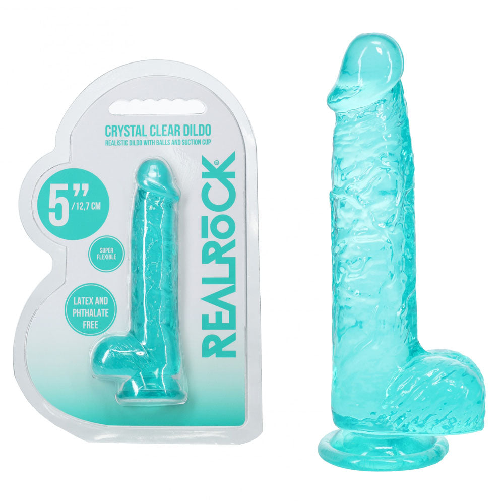 REALROCK 5'' Crystal Clear Dildo with Balls - Turquoise - Body-Safe, 14.7 cm Pleasure Toy