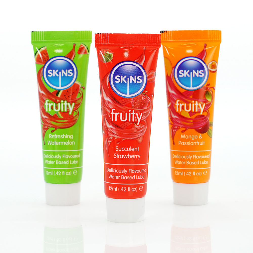 Skins Fruity Flavored Lubricants - Watermelon, Strawberry, Mango & Passionfruit - 12 ml Travel-Friendly Bottles