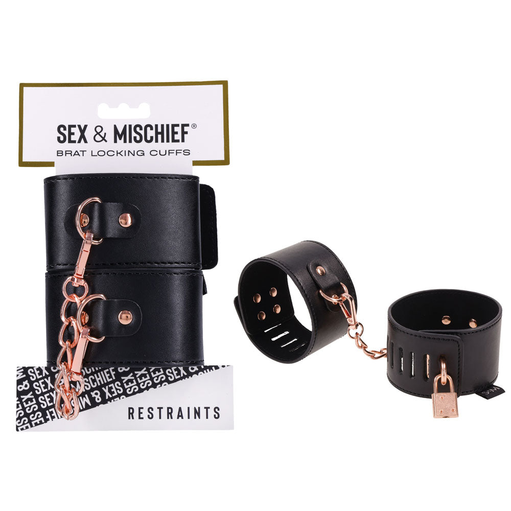 Sex & Mischief Bondage Cuffs – Locking, Durable Material – Black/Rose Gold