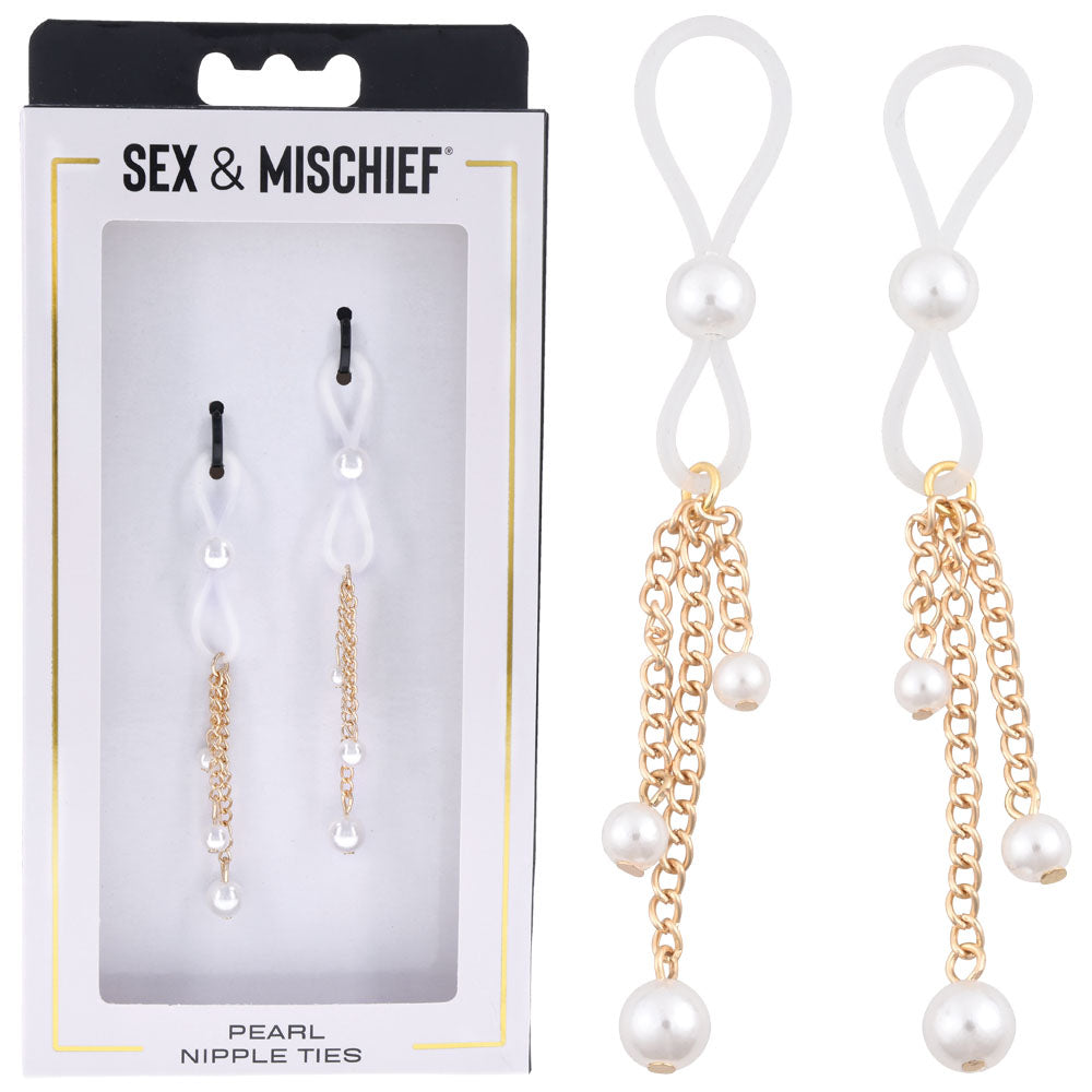 Sex & Mischief Bondage Toys – Pearl Nipple Ties – Gold & Pearl – Set of 2