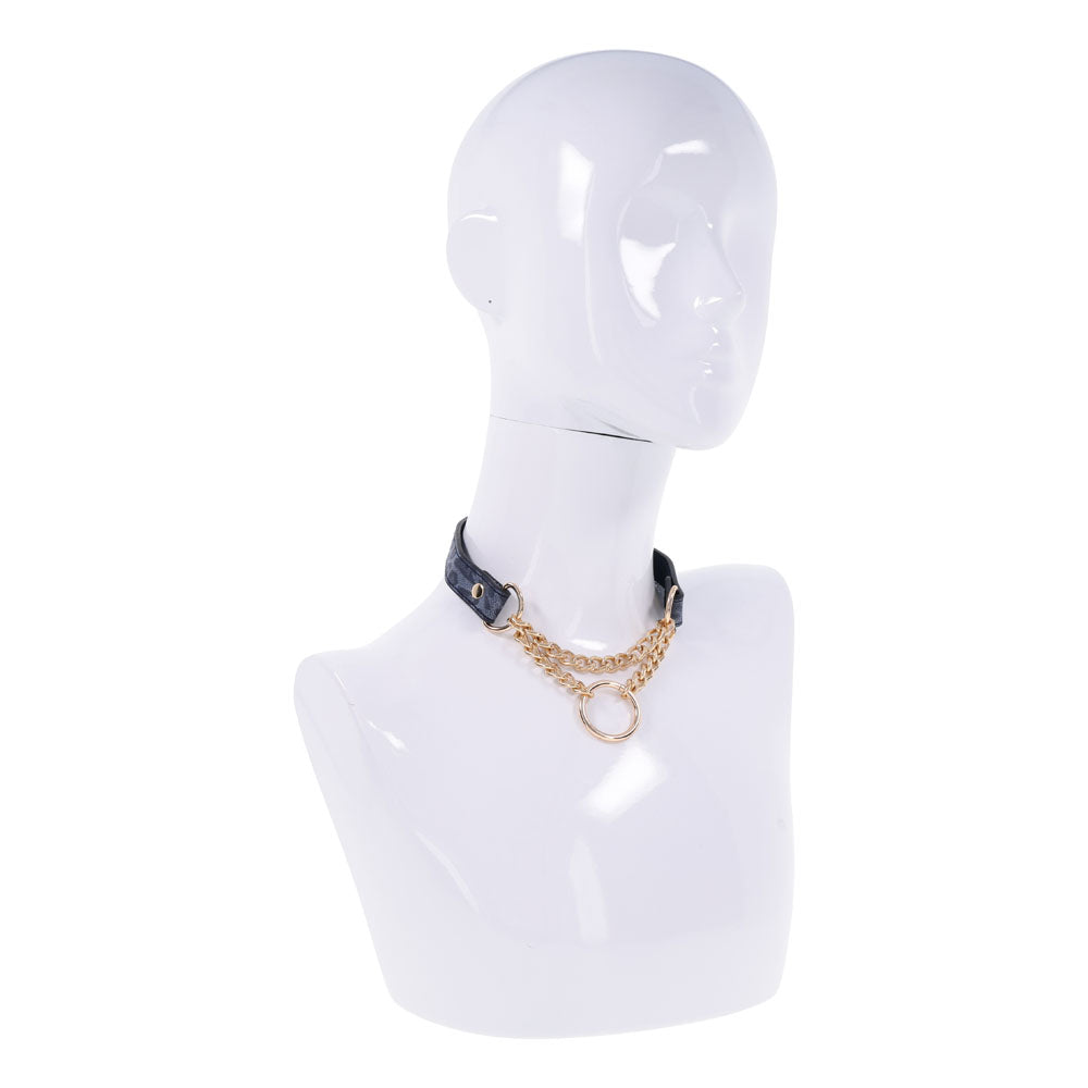 Sex & Mischief Bondage Collar – Adjustable, Faux Leather – Navy Blue/Gold