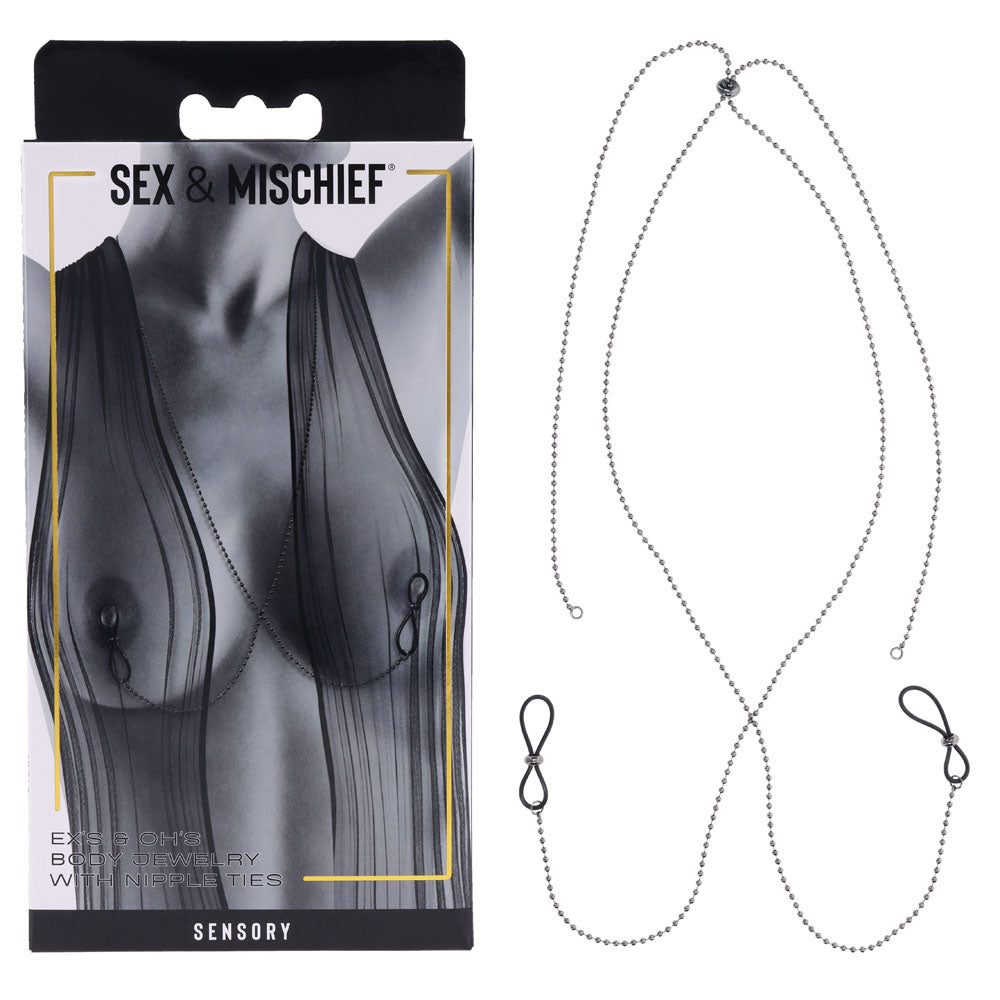 S&M Bondage Toys – Metal Chain with Nipple Ties – Silver