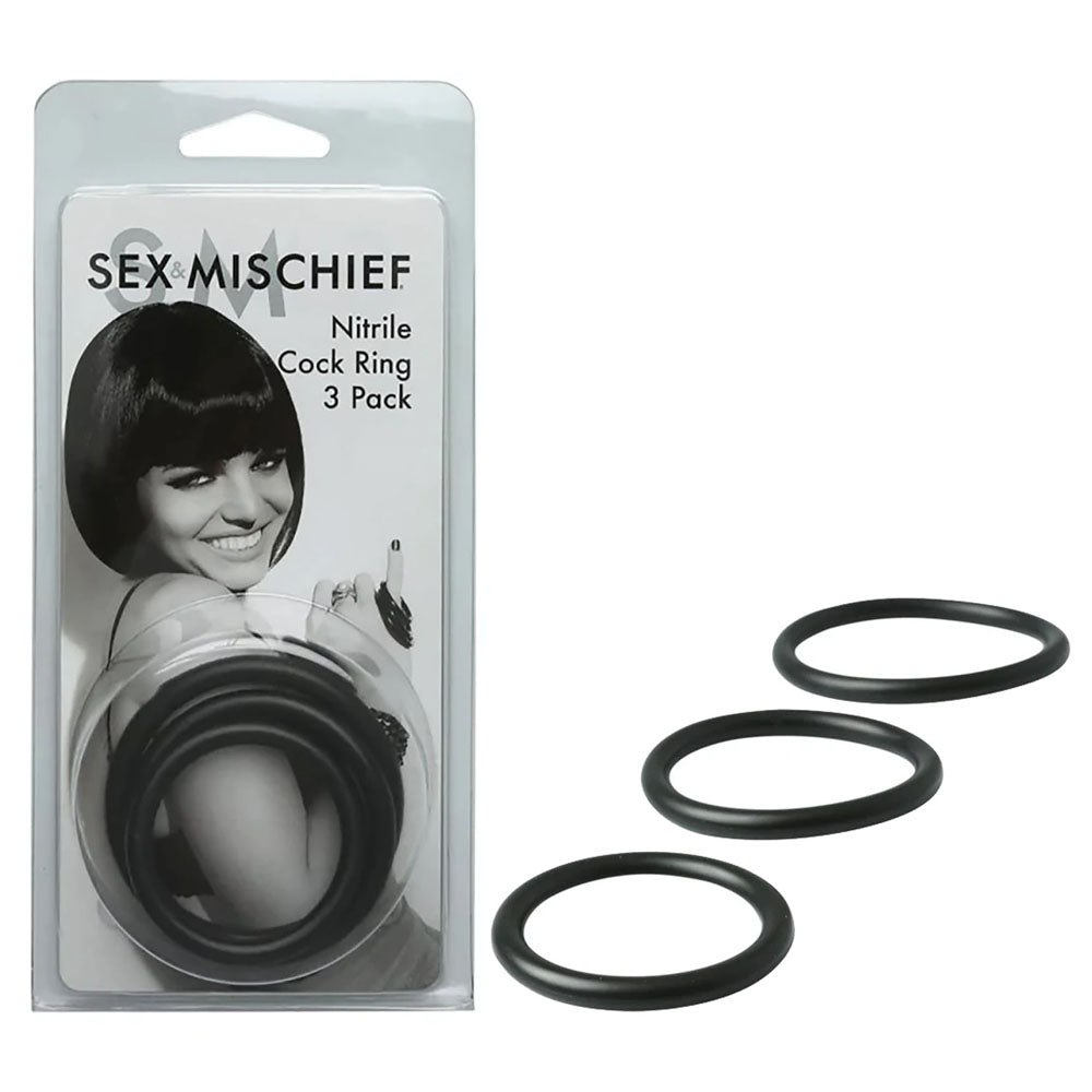 Sex & Mischief Cock Rings – Nitrile – Black – Set of 3 Sizes
