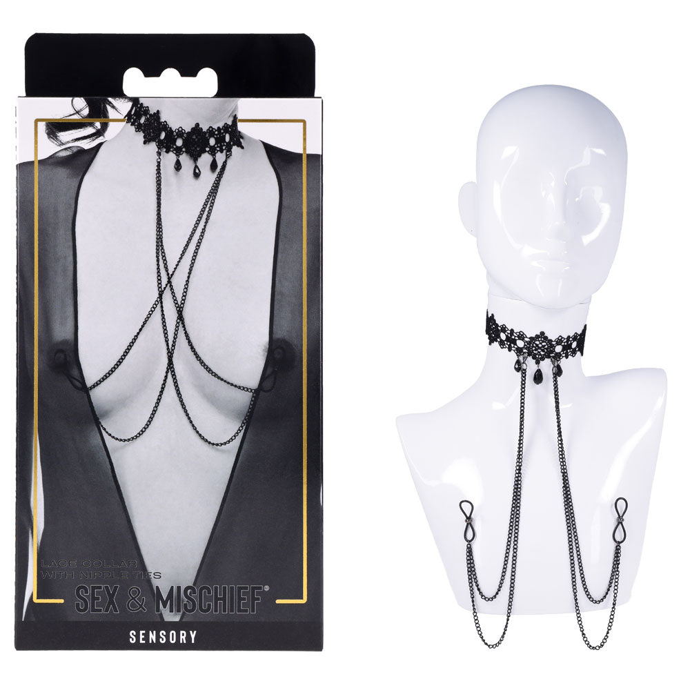 Sex & Mischief black lace collar with nipple ties