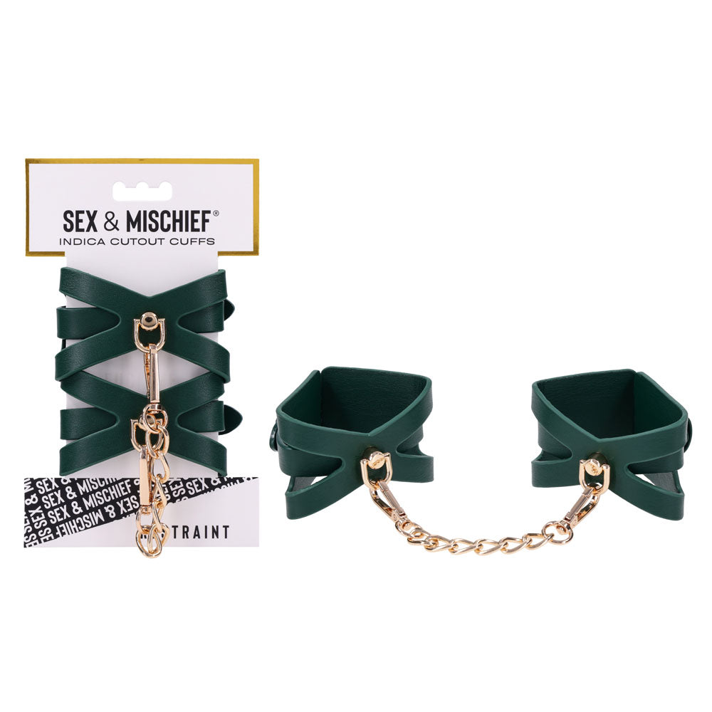 Sex & Mischief Bondage Toys – Indica Cutout Cuffs – Green/Gold