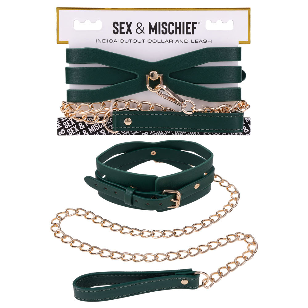 Sex & Mischief Bondage Toy – Cutout Collar and Leash – Green/Gold