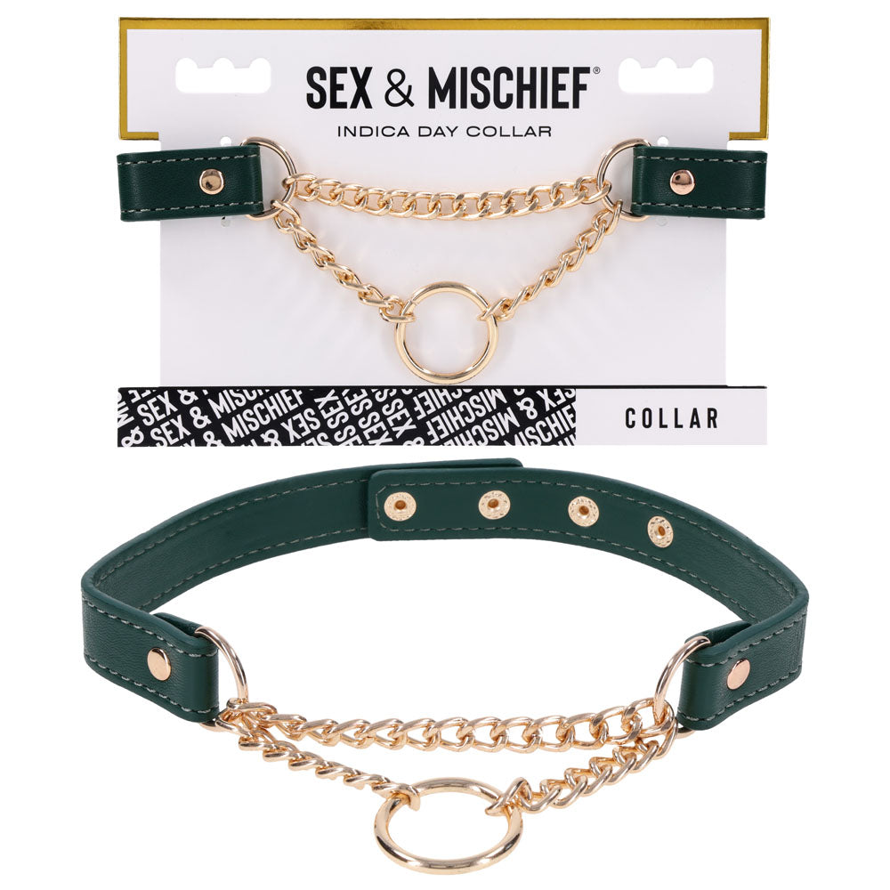 Sex & Mischief Bondage Collar – Adjustable, Vegan Leather – Green/Gold