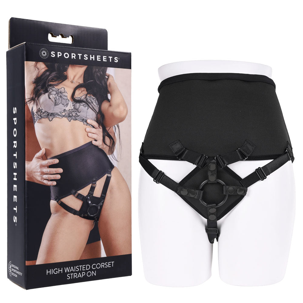 Sportsheets Adjustable High Waisted Corset Strap-On Harness – Black (No Probe Included, Gender-Neutral Design)