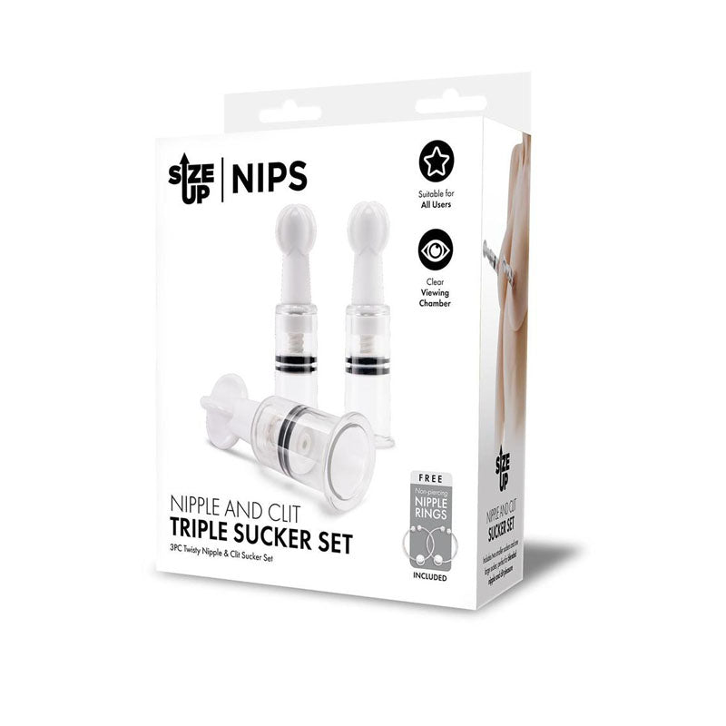 Size Up Body-Safe Silicone Nipple and Clitoris Triple Sucker Set – 3-Piece Pleasure Collection (USB Rechargeable)