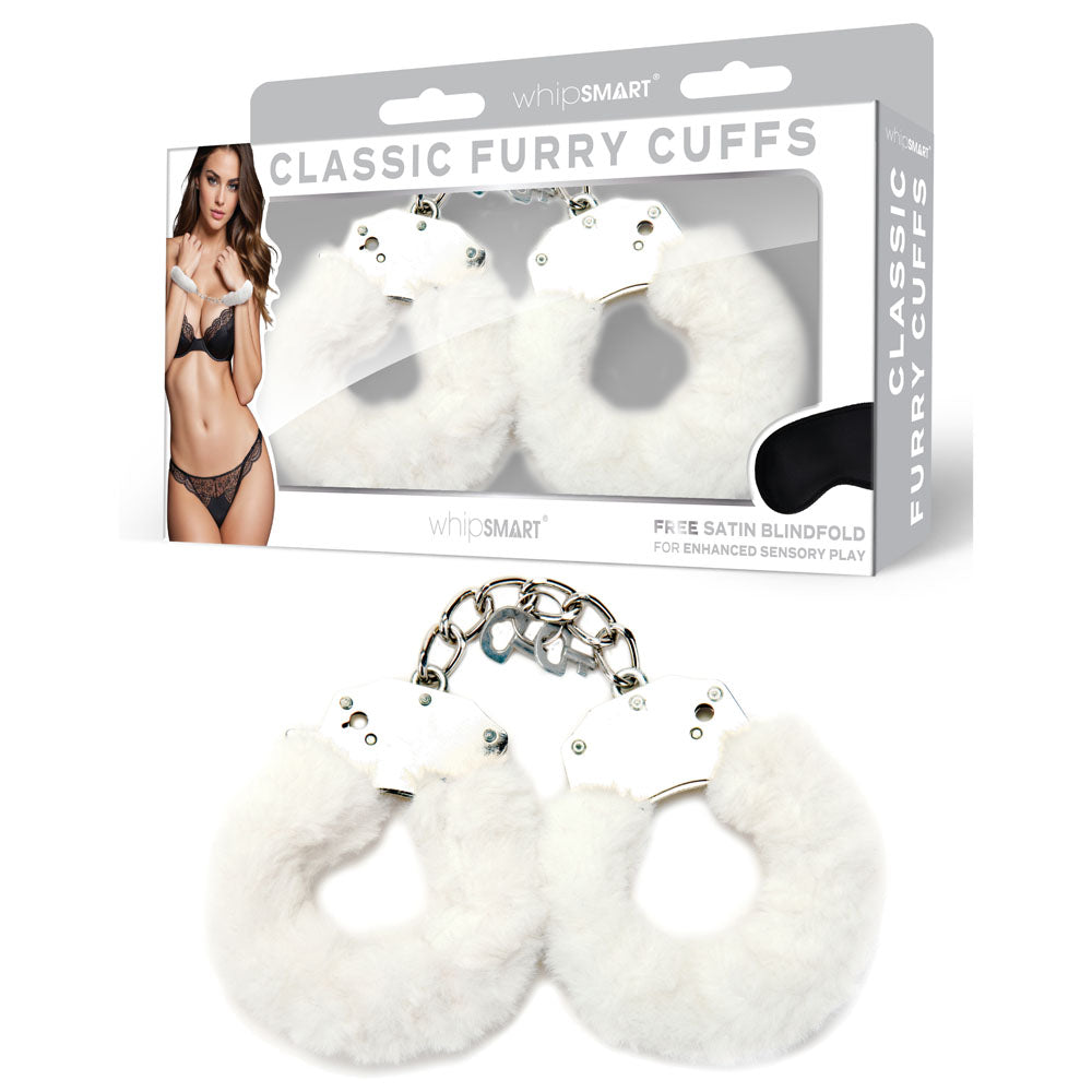 WhipSmart Bondage Toys – Furry Cuffs with Bonus Eye Mask – White