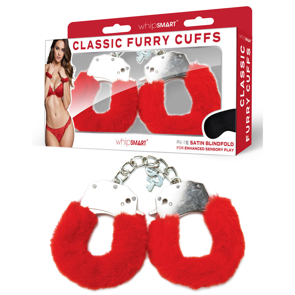 WhipSmart Bondage Toys – Furry Cuffs with Bonus Eye Mask – Red