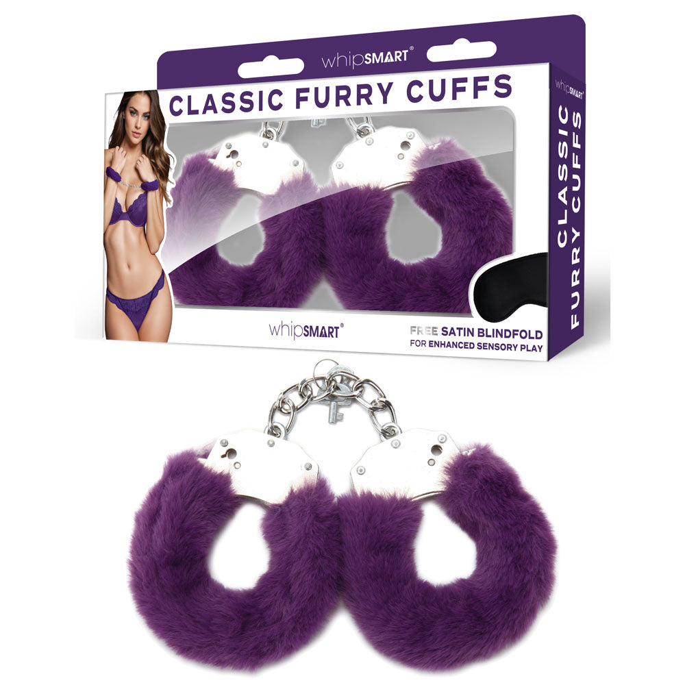 WhipSmart Bondage Toys – Furry Cuffs with Bonus Eye Mask – Purple