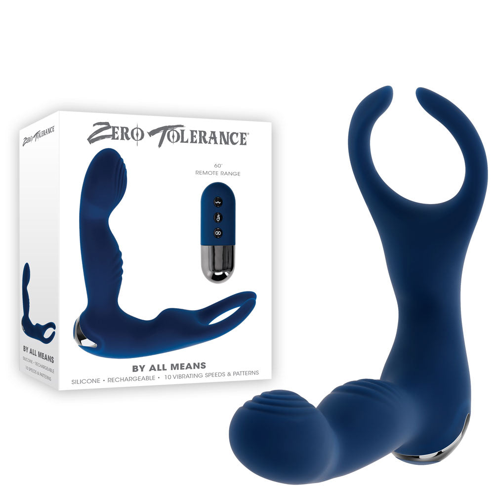 Zero Tolerance BY ALL MEANS - Rechargeable Prostate Massager with Cock Ring - 13.4 cm Blue Body-Safe Silicone