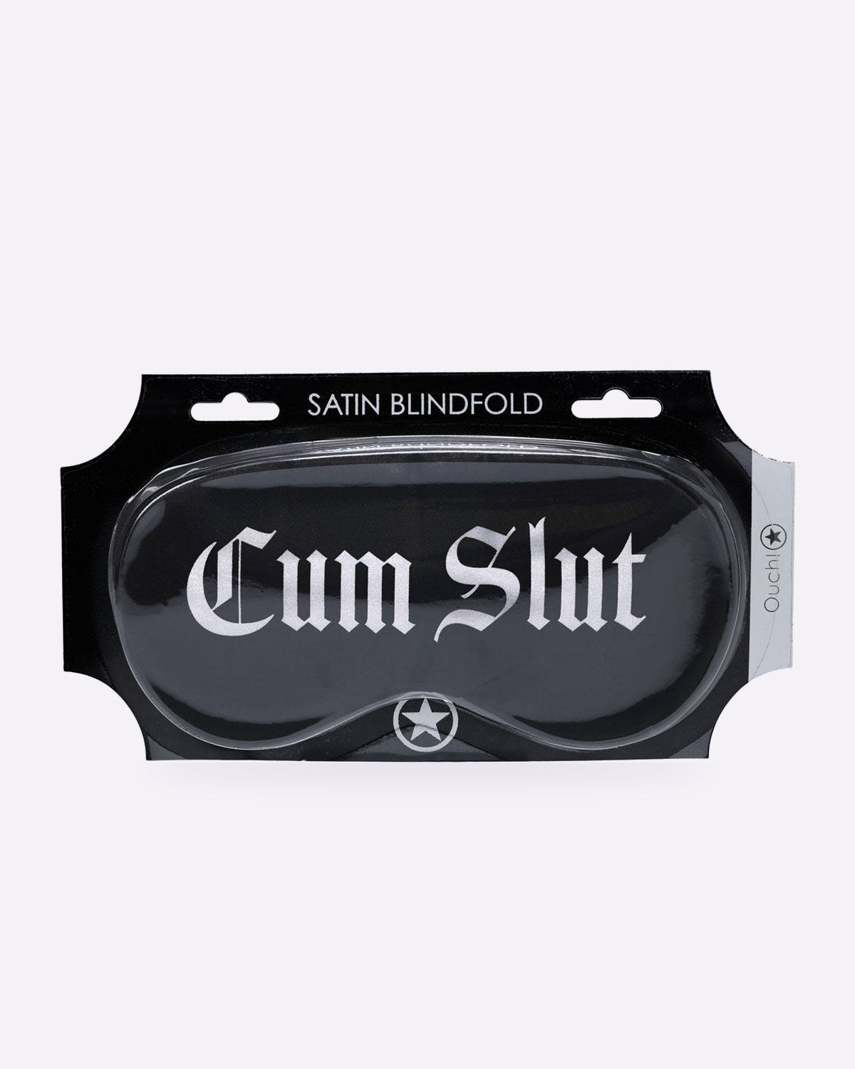 OUCH! black satin blindfold printed Cum Slut