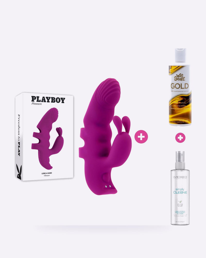 Playboy Lend A Hand Finger Vibrator Bundle – Toy, Lube & Toy Cleaner