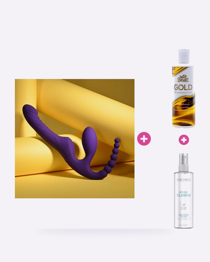 Playboy Rechargeable Strap-On Bundle – Toy, Lube & Toy Cleaner