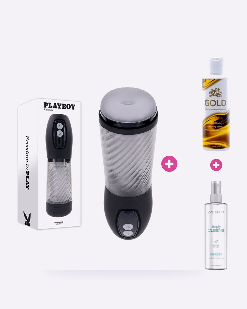 Playboy Thrusting Masturbator Bundle – Toy, Lube & Toy Cleaner