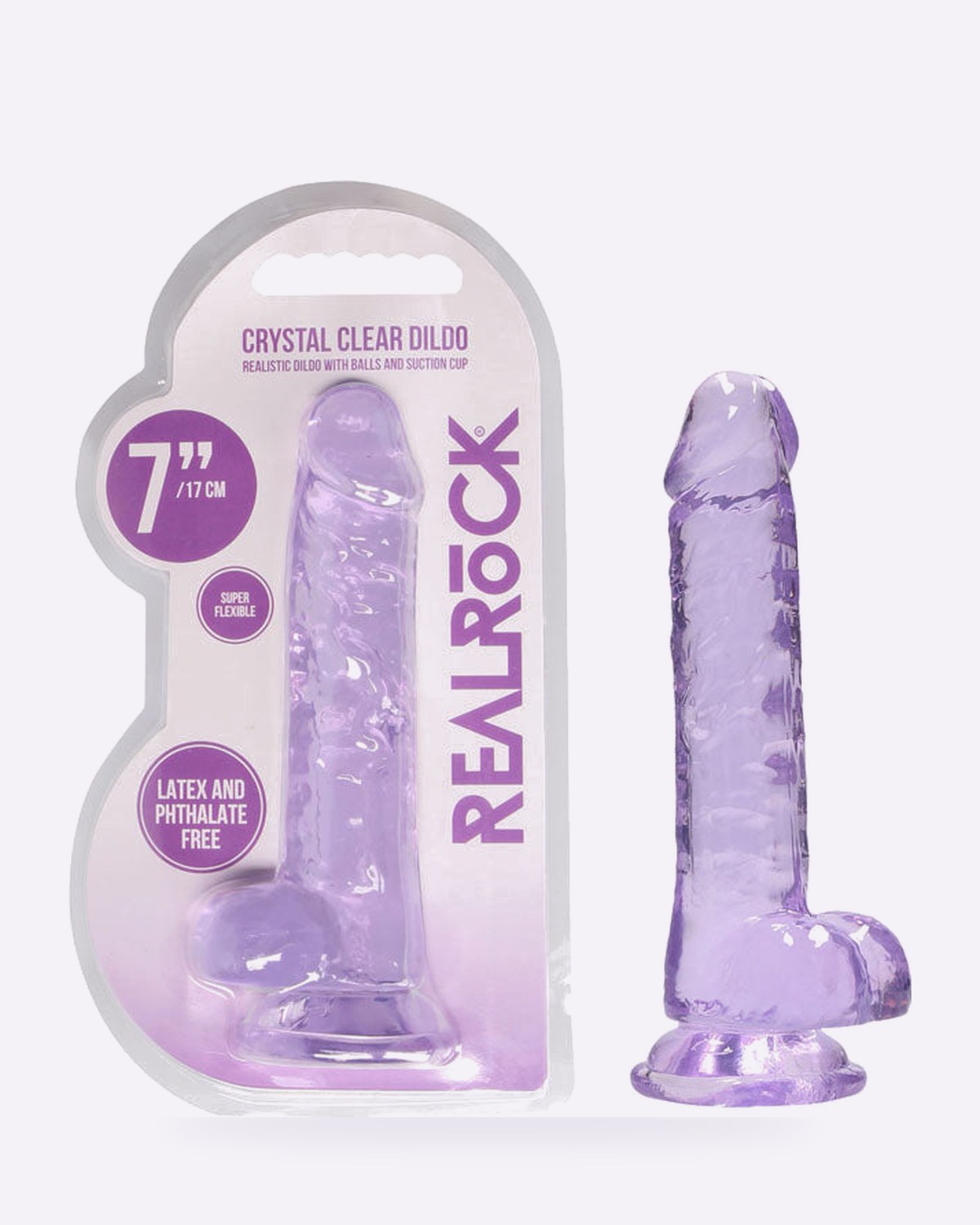 REALROCK crystal clear purple 7 inch dildo with balls